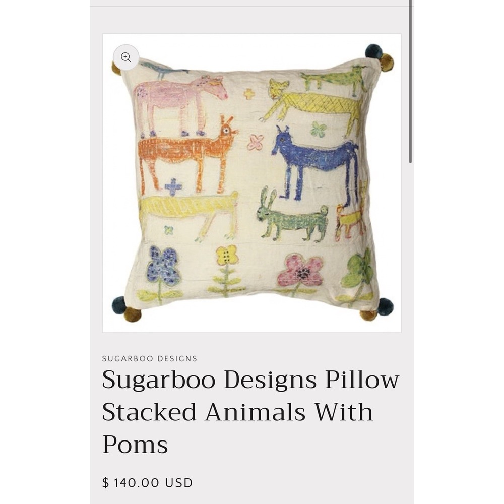 $160 Stacked Animals with Pom Poms Pillow by Sugarboo & Co Linen 24x24"